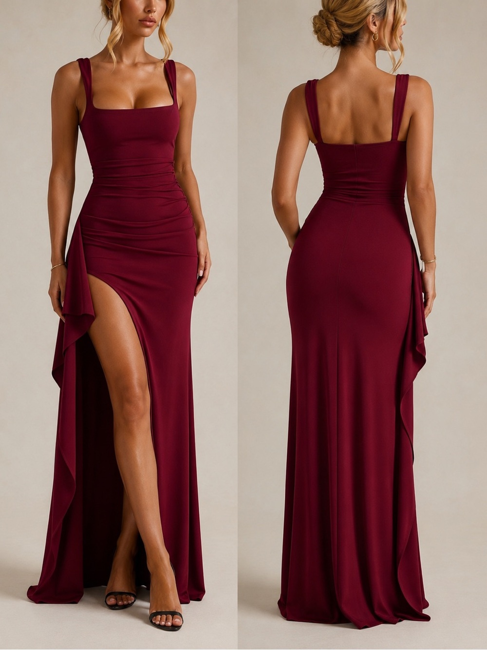Elegant Burgundy Evening Gown with Side Drape